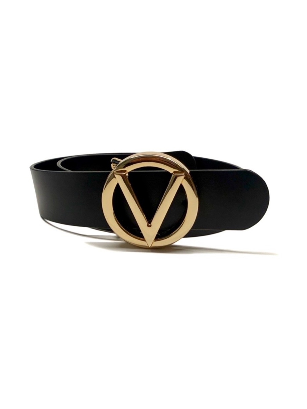 Valentino Gold V Logo Black Leather Belt NWT